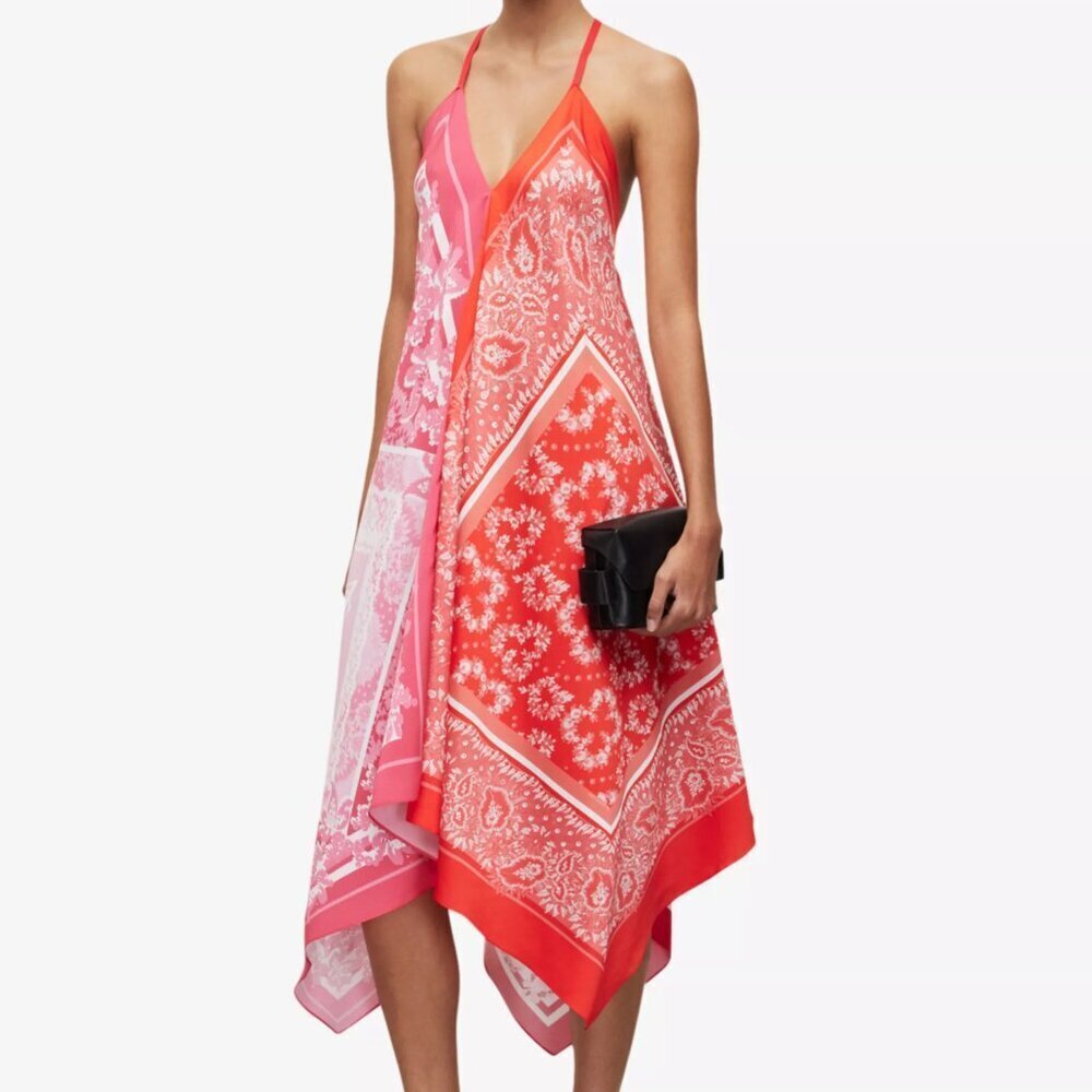 All Saints Women's Lil Paloma Bandana Asymmetric Coverup Silk Dress Size 10 - Picture 2 of 15